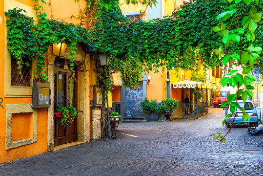 Fototapeta Cozy old street in Trastevere in Rome, Italy