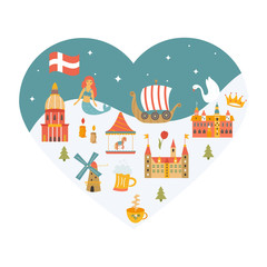 Heart shaped poster with set of danish symbols