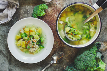 soup with broccoli and vegetables. close-up view