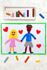 Colorful drawing: Happy happy international couple holding hands