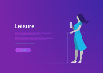 Woman leisure lifestyle flat vector banner. Female girl rest