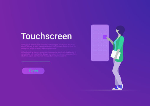 Flat touchscreen vector. Woman touching smartphone screen