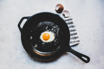 Fried egg on frying pan