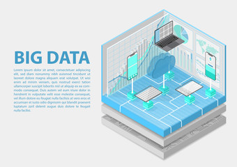 Big Data isometric vector illustration. Abstract 3D infographic with mobile devices and technology infrastructure