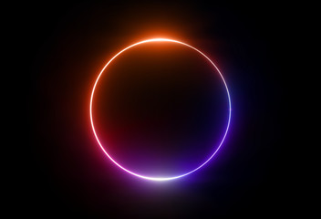 3d render, neon light, round frame, blank space for text, ultraviolet spectrum, ring symbol, halo, isolated on blank background