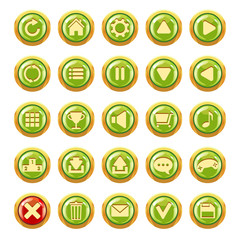 Set of green glassy buttons for game interfaces. Vector GUI elements for mobile game. Isolated on white background