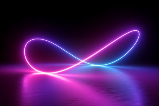3d render, infinity symbol, neon light, loop, ultraviolet spectrum, quantum energy, pink blue violet glowing line, string, abstract background