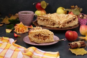 Pie with apples is located in a ceramic form on a dark background. Apples are scattered on the table. In the foreground a piece of pie on a plate