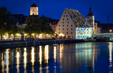 Illuminated Salzstadl in the historic city of Regensburg  