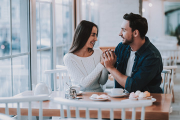 Together in Cafe.Tea. Cupcake. Cheerful Girl.