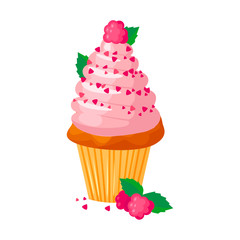 Vector cartoon style illustration of sweet cupcake. Delicious sweet dessert decorated with creme and raspberries. Muffin isolated on white background.