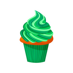 Vector cartoon style illustration of sweet cupcake. Delicious sweet dessert decorated with green creme. Muffin isolated on white background.