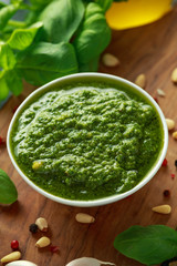 Green Basil Pesto with parmesan cheese, pine nuts, garlic and lemon.