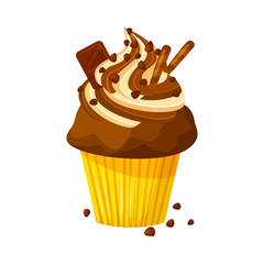 Vector cartoon style illustration of sweet cupcake. Delicious sweet dessert decorated with creme and chocolate. Chocolate muffin isolated on white background.