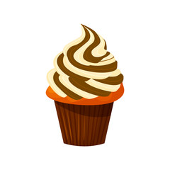 Vector cartoon style illustration of sweet cupcake. Delicious sweet dessert decorated with chocolate creme. Muffin isolated on white background.