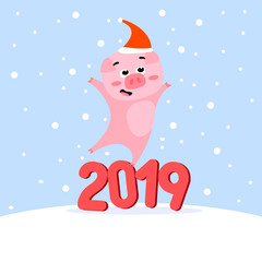 Funny Christmas pig on winter background, Merry Christmas and Happy New Year 2019. Greeting card