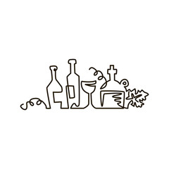 Vector Line icon. Bottles of wine with grape leaves. One line drawing. Isolated on white background