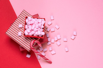 Pink mini marshmallows in a red gift box