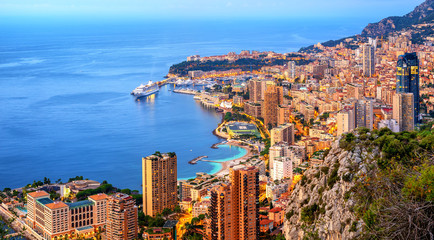 Panoramic view of Monaco and Monte Carlo on sunrise - obrazy, fototapety, plakaty