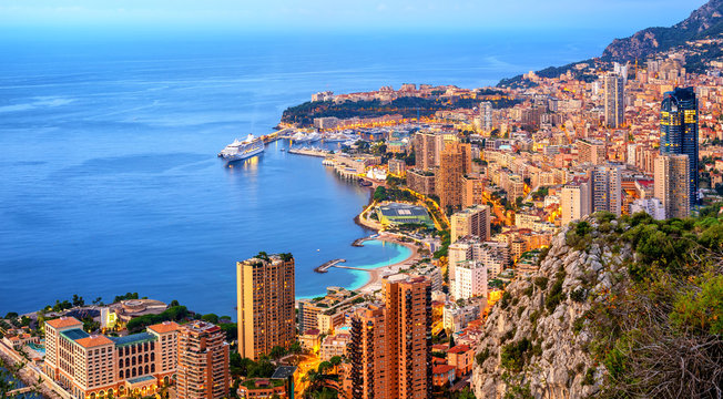 Panoramic view of Monaco and Monte Carlo on sunrise