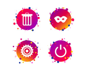 Anonymous mask and cogwheel gear icons. Recycle bin delete and power sign symbols. Gradient circle buttons with icons. Random dots design. Vector