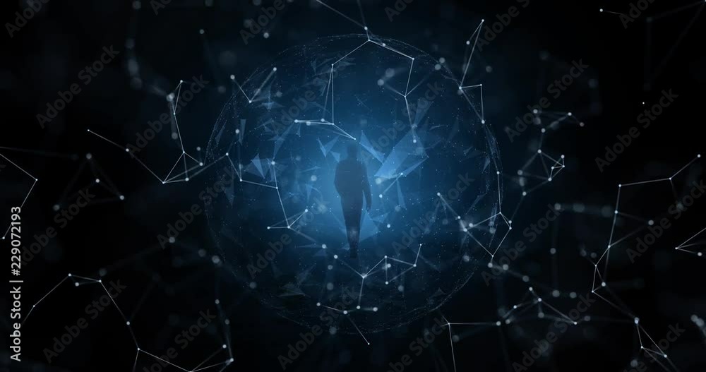Sticker man walks through futuristic tunnel with cyberspace background.