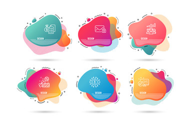Dynamic liquid shapes. Set of Sale, Secure mail and Teamwork results icons. Accounting wealth sign. Gift box, Private e-mail, Group work. Audit report.  Gradient banners. Fluid abstract shapes. Vector