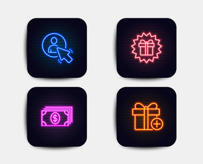 Neon glow lights. Set of Surprise gift, User and Banking icons. Add gift sign. Shopping offer, Project manager, Money payment. Present box.  Neon icons. Glowing light banners. Vector