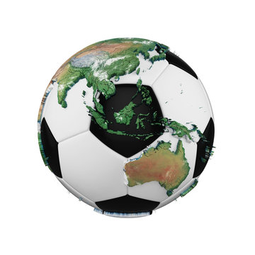 Soccer ball with planet earth globe concept isolated on white background. Football ball with realistic continents.