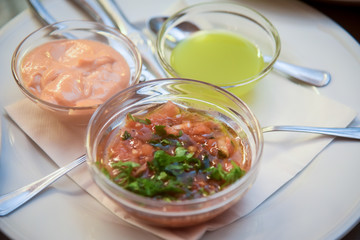 Three types of sauce at an Italian dinner.