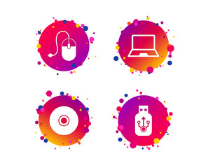 Notebook pc and Usb flash drive stick icons. Computer mouse and CD or DVD sign symbols. Gradient circle buttons with icons. Random dots design. Vector