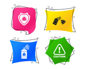 Bug disinfection icons. Caution attention and shield symbols. Insect fumigation spray sign. Geometric colorful tags. Banners with flat icons. Trendy design. Vector