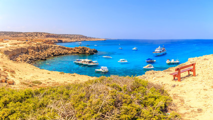 Fototapeta na wymiar A view of a azzure water and Nissi beach in Aiya Napa, Cyprus