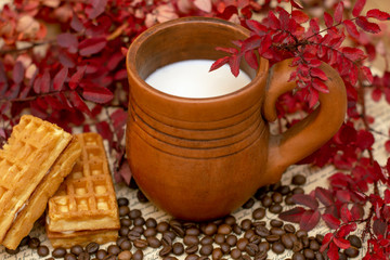 cocoa milk in a handmade stein surrounded by autumn plants of red color and waffles