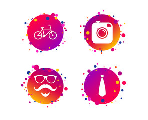 Hipster photo camera. Mustache with beard icon. Glasses and tie symbols. Bicycle sign. Gradient circle buttons with icons. Random dots design. Vector