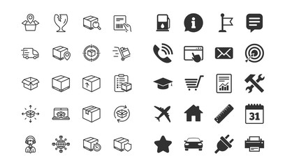 Logistics and Shipping line icons. Set of Truck Delivery, Box and Checklist signs. Push cart, Parcels tracking and World trade. Location pin, Goods Insurance and Document. Logistics Vector
