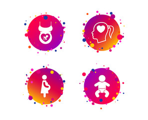 Fototapeta na wymiar Maternity icons. Baby infant, pregnancy and dummy signs. Child pacifier symbols. Head with heart. Gradient circle buttons with icons. Random dots design. Vector