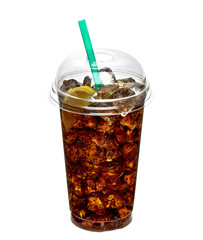 Cola with ice and straw in take away cup isolated on white background 