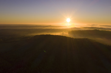 UK Countryside aerial view on a misty morning.