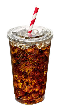 Cola with ice and straw in take away cup isolated on white background
