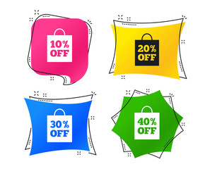 Sale bag tag icons. Discount special offer symbols. 10%, 20%, 30% and 40% percent off signs. Geometric colorful tags. Banners with flat icons. Trendy design. Vector