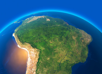 Vista satellitare dell'Amazzonia, cartina geografica, stati del Sud America, rilevi e pianure, cartina fisica. Disboscamento foresta © Naeblys