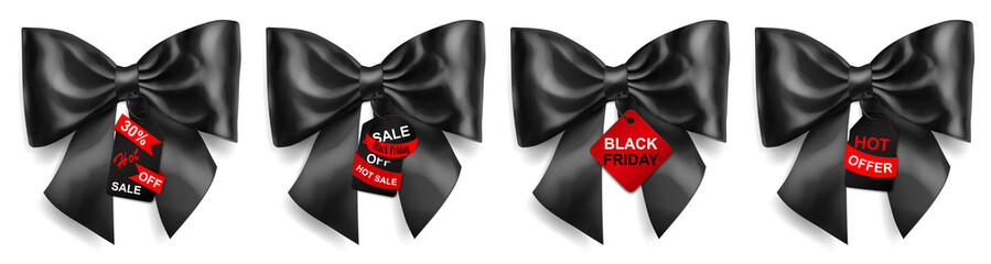 Set of big black bows with shadows and sale labels and tags on white background
