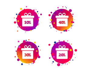 Sale gift box tag icons. Discount special offer symbols. 10%, 20%, 30% and 40% percent discount signs. Gradient circle buttons with icons. Random dots design. Vector