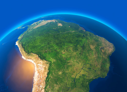 Vista satellitare dell'Amazzonia, cartina geografica, stati del Sud America, rilevi e pianure, cartina fisica. Disboscamento foresta