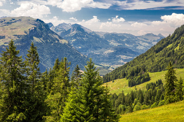 Fototapeta na wymiar Beautiful summer landscape of Switzerland with Grosser Mythen mountain and green meadows, Ibergeregg, Switzerland, Europe