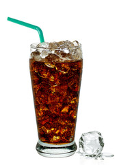 Cola with ice and straw in glass cup isolated on white background