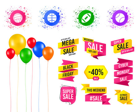Balloons party. Sales banners. Sport balls icons. Volleyball, Basketball, Baseball and American football signs. Team sport games. Birthday event. Trendy design. Vector