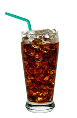 Cola with ice and straw in glass cup isolated on white background