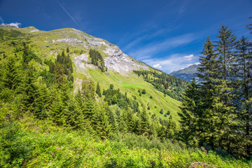 View of Elm village and Swiss mountains - Piz Segnas, Piz Sardona, Laaxer Stockli from Ampachli, Glarus, Switzerland, Europe